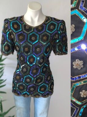 s i l k :: Vintage Glamorous Silk Sequin Beaded Top